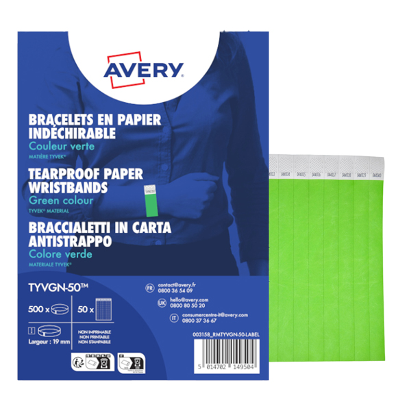 Braccialetti identificativi - in Tyvek - verde fluo - 265 x 19 mm - 50 fogli - 10 et/fg - Avery - Conf. 500 pezzi