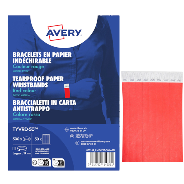 Braccialetti identificativi - in Tyvek - rosso fluo - 265 x 19 mm - 50 fogli - 10 et/fg - Avery - Conf. 500 pezzi