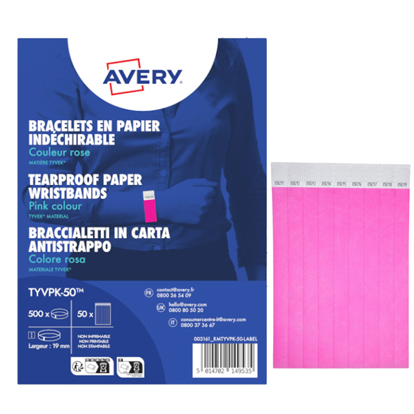 Braccialetti identificativi - in Tyvek - rosa fluo - 265 x 19 mm - 50 fogli - 10 et/fg - Avery - Conf. 500 pezzi