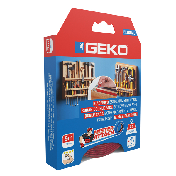 Nastro biadesivo EXTREME Mister Attach - 19 mm x 5 m - LDPE/acrilico - grigio/rosso - Geko