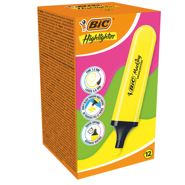 Evidenziatore Flat - punta a scalpello - tratto da 1,2mm-4,6mm - giallo - Bic - conf. 12 pezzi