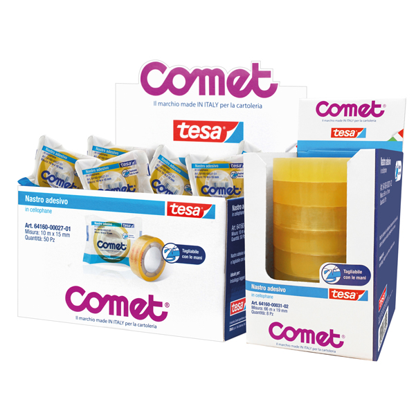 Nastro adesivo - confezionato singolarmente -15 mm x 10 m - cellophane - trasparente - Comet