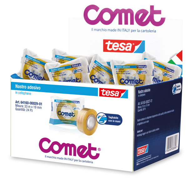 Nastro adesivo - confezionato singolarmente - 19 mm x 33 m - cellophane - trasparente - Comet