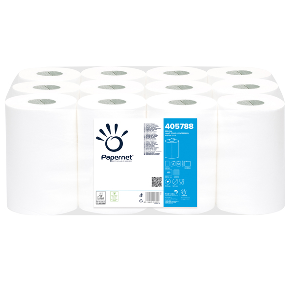 Asciugamani in rotolo Centrefeed - 215 mm x 69 mt - diametro 14,5 cm - 2 veli - 17 gr - 189 strappi - goffratura micro - bianco - Pa pernet