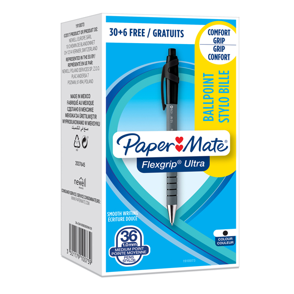 Penna a sfera a scatto Flexgrip Ultra - punta 1,0mm - nero - Papermate - conf. 30+6 pezzi