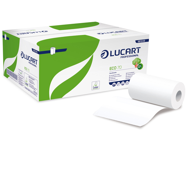 Asciugamani in rotolo Eco 70 - Mini - 228 mm x 70 mt - diametro 13 cm - 2 veli - 18,5 gr - 190 strapppi - goffratura micro+ - bianc o - Lucart
