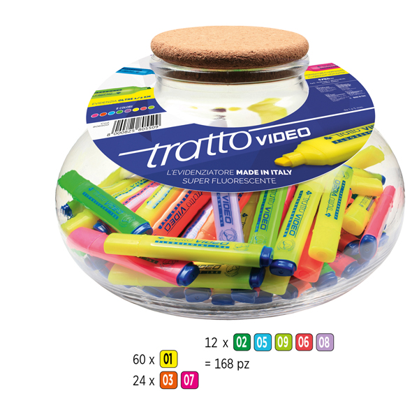 Evidenziatore Tratto Video - punta a scalpello - tratto 1,00 - 5,00 mm - colori assortiti - Tratto - boccia 168 pezzi