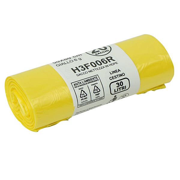Sacco rifiuti - HDPE - 50 x 60 cm - 30 L - 15my - giallo - Bio Extrusion - conf. 20 pezzi
