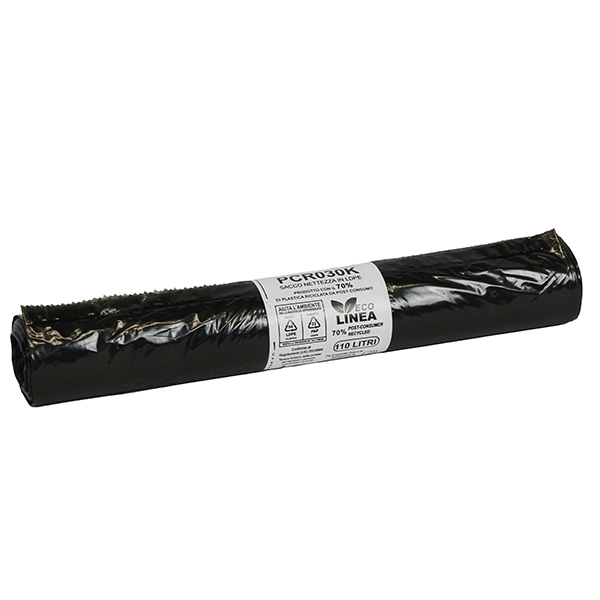 Sacco rifiuti - PCR - 72 x 110 cm - 110 L - 30 gr - nero -Bio Extrusion - conf. 10 pezzi